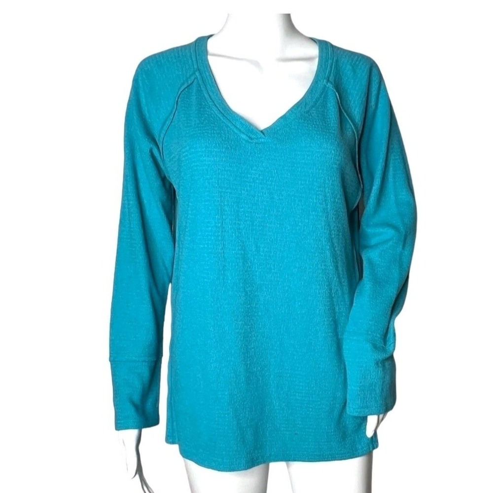 Wildfox Haley Thermal Top Turquoise Blue SOFT Cozy Long Sleeved V-Neck Sz L